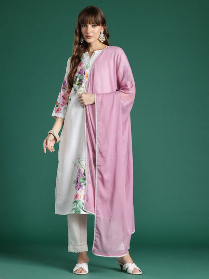 Floral Printed Beads and Stones Linen Kurta with Trousers & With Dupatta