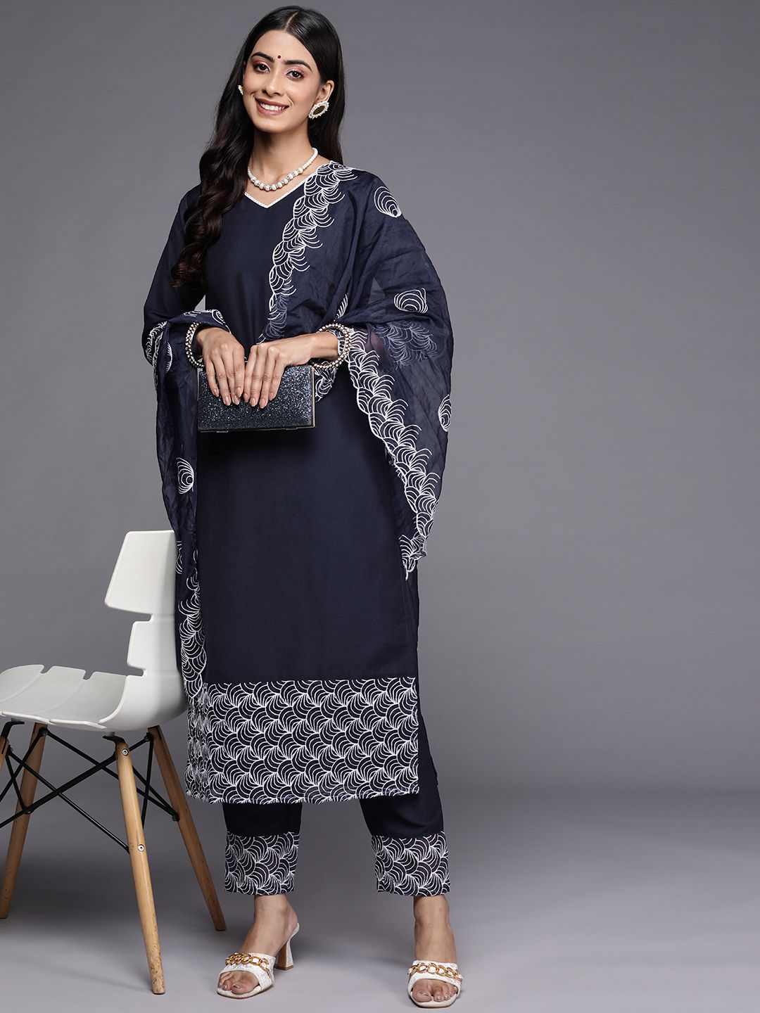 Women Navy Blue Embroidered Kurta with Trousers & With Dupatta