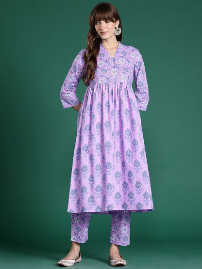 Floral Printed Regular Pure Cotton Kurta with Trousers