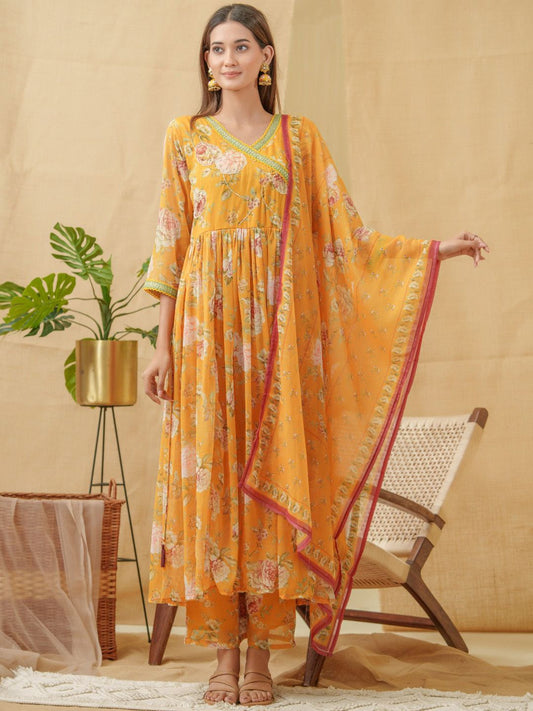 Dhiyona IS Women's V-Neck Floral Printed Angrakha Kurta with Palazzos & Dupatta