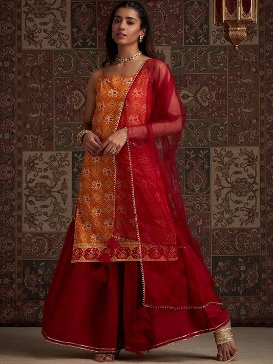 Dhiyona IE Orange Geometric Printed Shoulder Strap Kurta with Sharara & Dupatta
