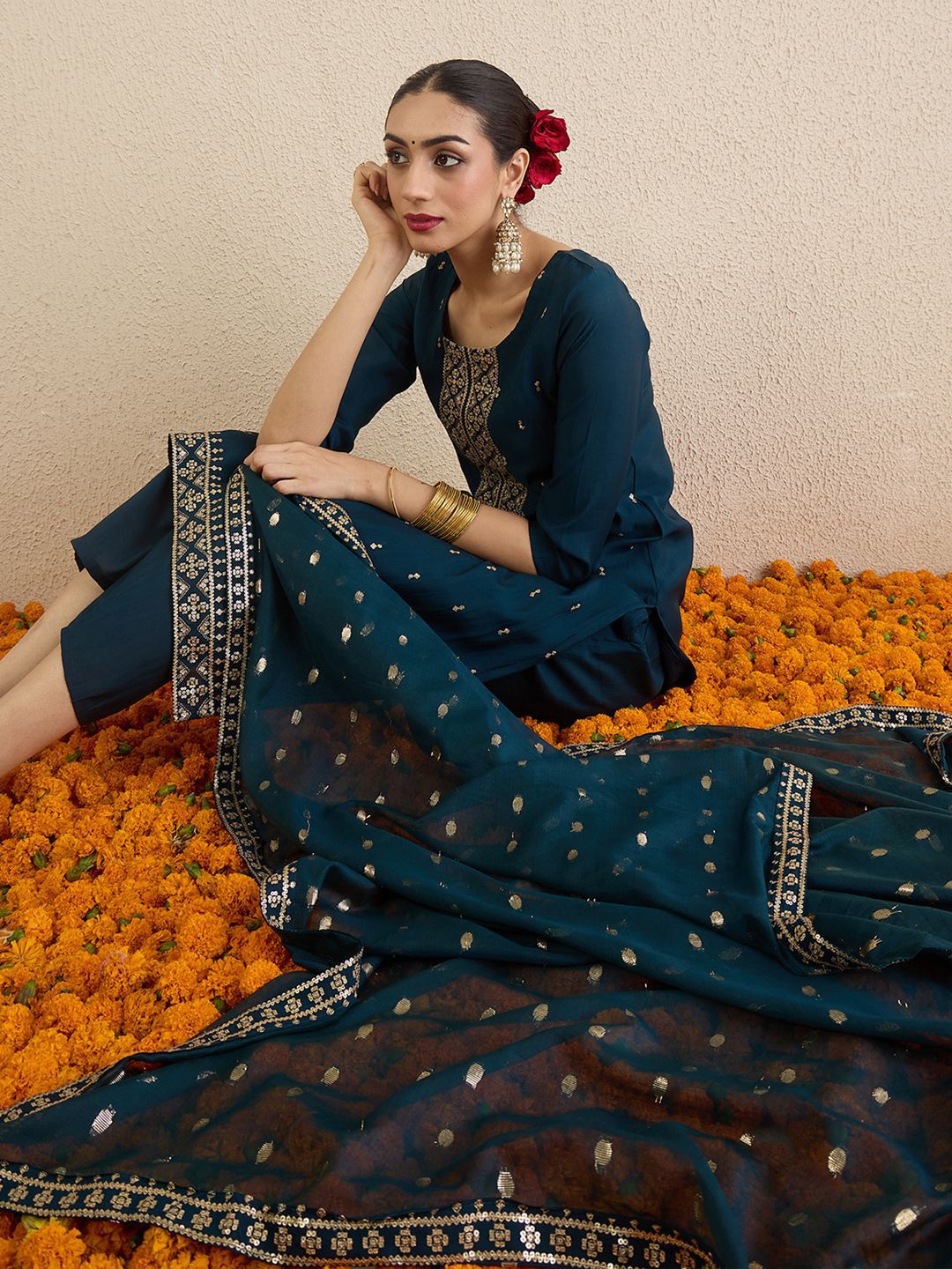 Women Solid Embroidered Kurta with Palazzo & Dupatta