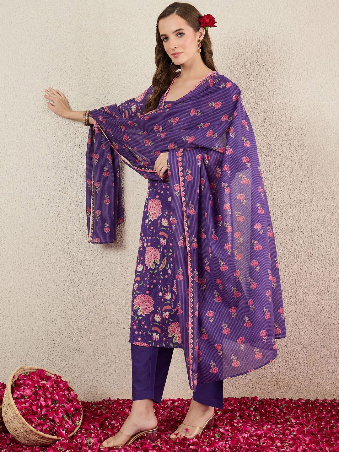 Dhiyona IE Women Floral Printed Cotton Kurta with Trousers & Dupatta