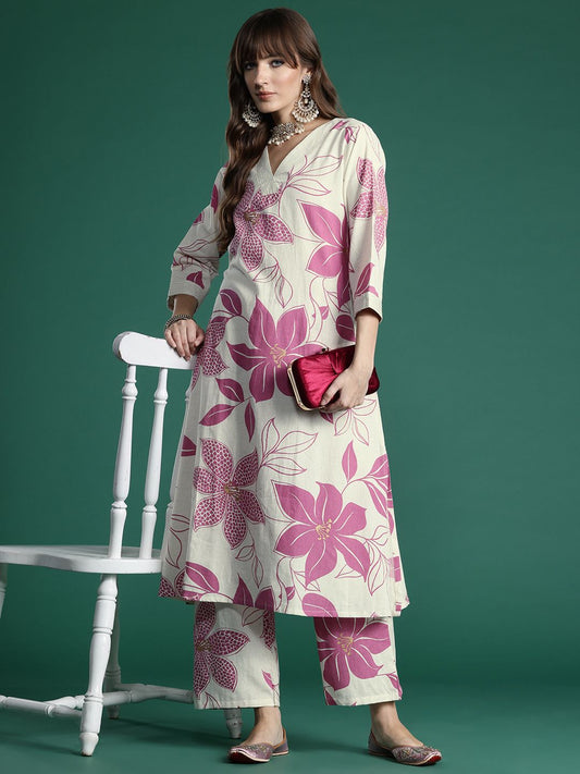 Dhiyona IE Floral Printed Pure Cotton A-Line Kurta with Palazzos