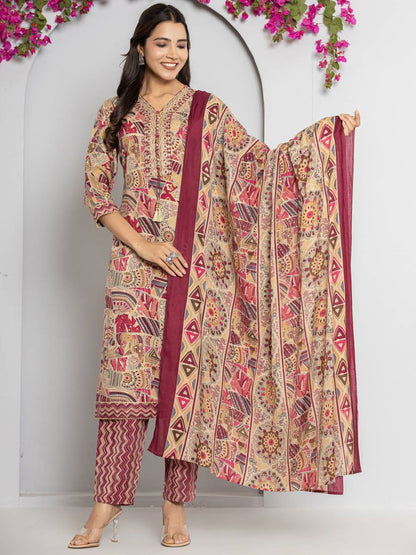 Dhiyona VA Women's Abstract Printed Neck Embroidered Regular Kurta with Trouser & Dupatta