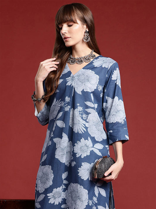 Dhiyona IE V-Neck Floral Printed Pleat Detailed Kurta with Trousers