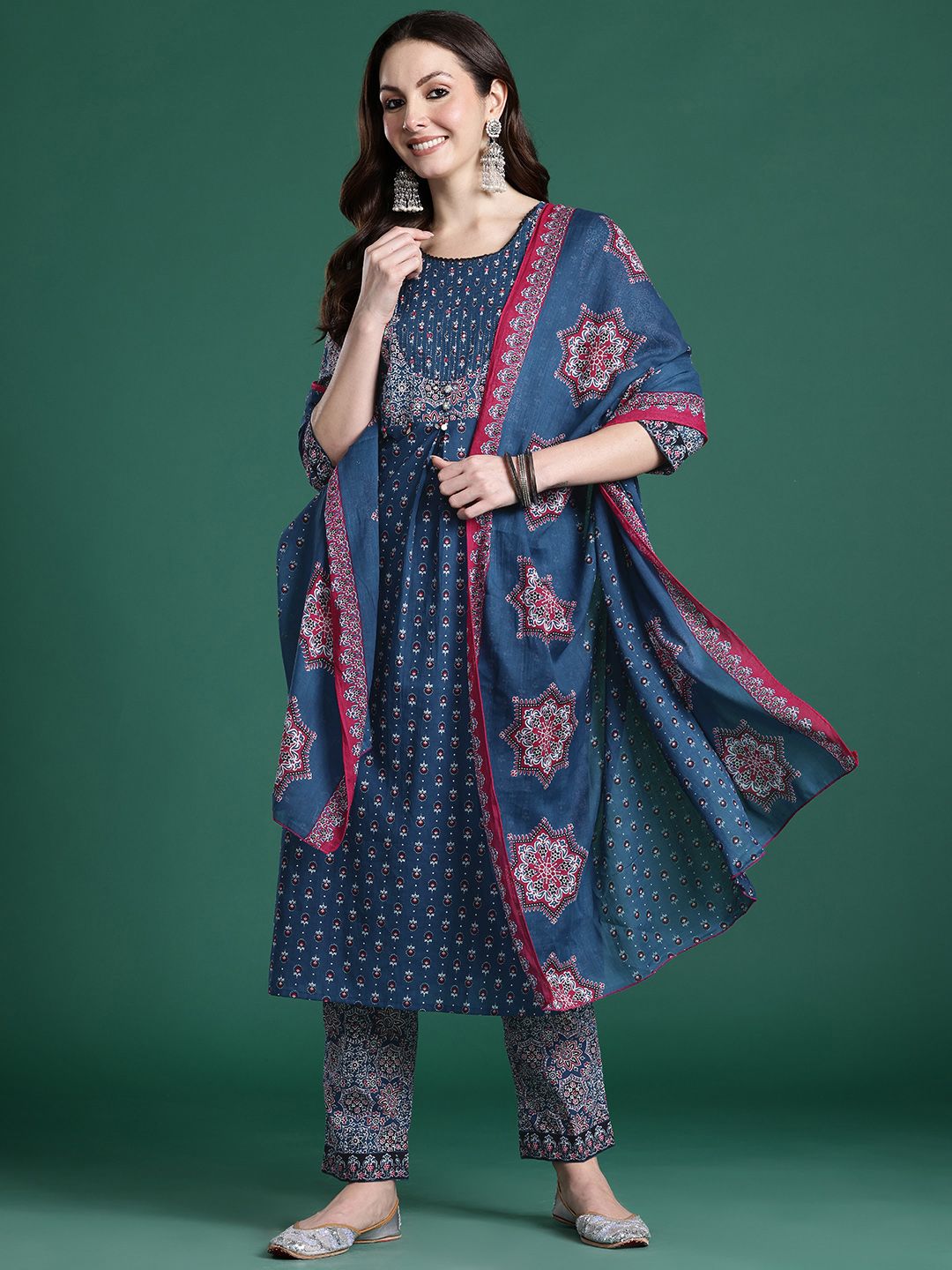 Ethnic Motifs Printed Mirror Work Pure Cotton Kurta with Trousers & With Dupatta