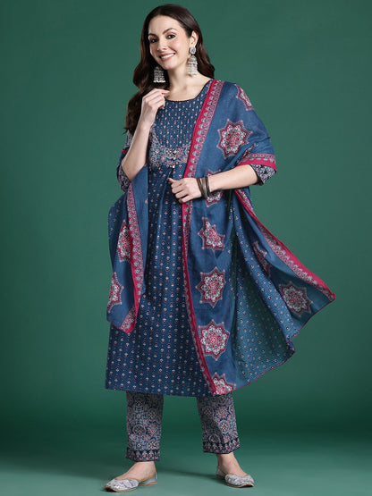 Ethnic Motifs Printed Mirror Work Pure Cotton Kurta with Trousers & With Dupatta