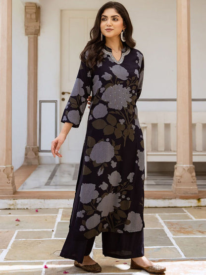 Dhiyona IS Women's Floral Printed Mandarin Collar Sequinned Straight Kurta With Palazzos