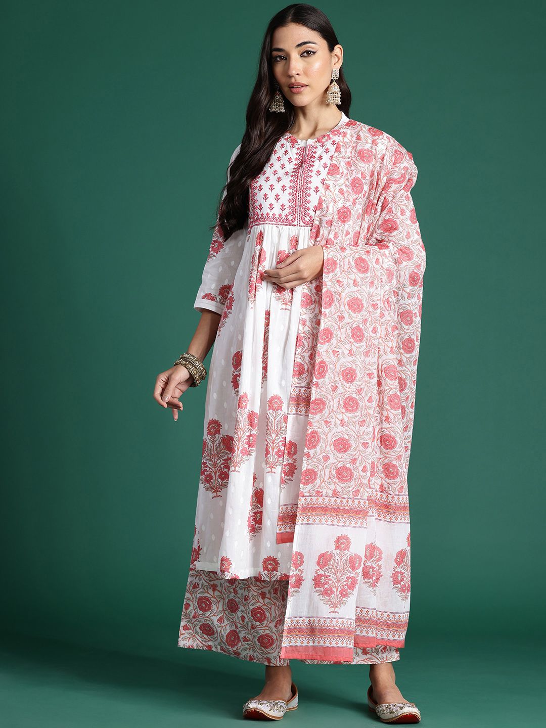 Ethnic Motifs Printed Pleated Sequinned Pure Cotton Kurta With Palazzos & Dupatta