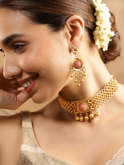 Dhiyona RJ Women's 24K Gold Plated Handcrafted Ruby Stone Studded & Gold Beaded Traditional Choker Set