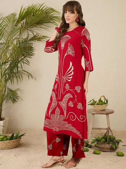 Dhiyona IE Ethnic Motifs Printed Round Neck Beads & Stones Straight Kurta With Palazzos
