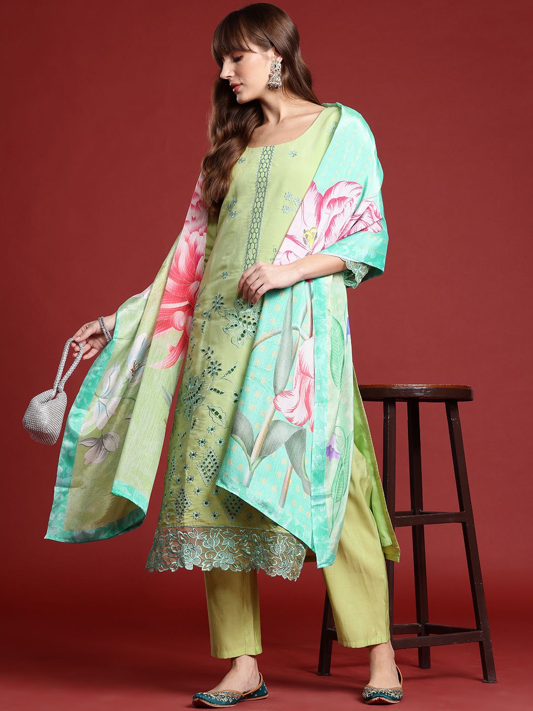 Floral Embroidered Thread Work Kurta With Trousers & Dupatta