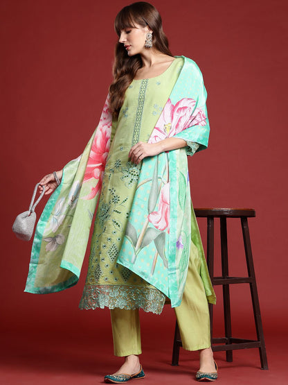 Floral Embroidered Thread Work Kurta With Trousers & Dupatta
