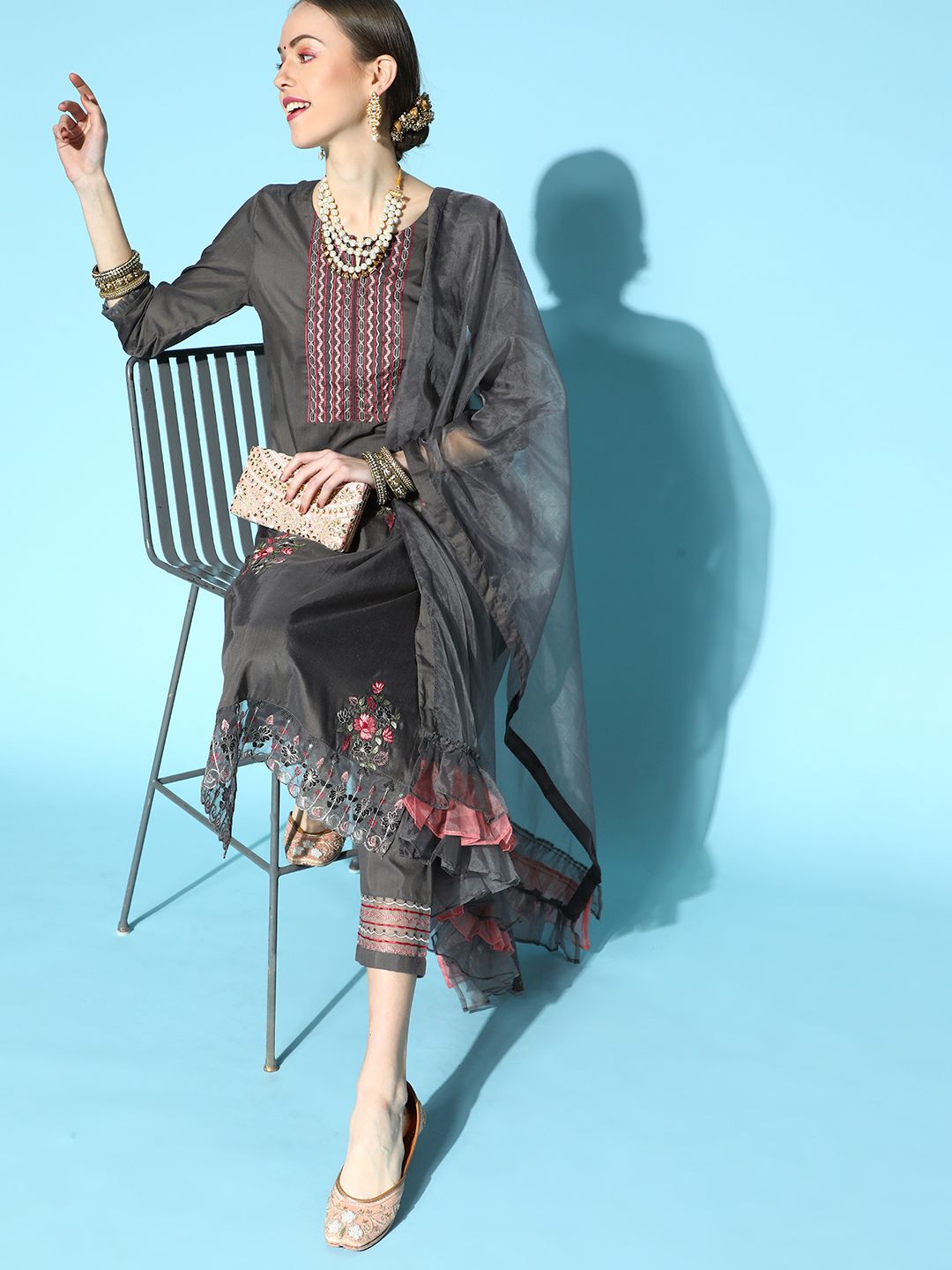 Charcoal Silk Blend Romantic Florals Kurta Set