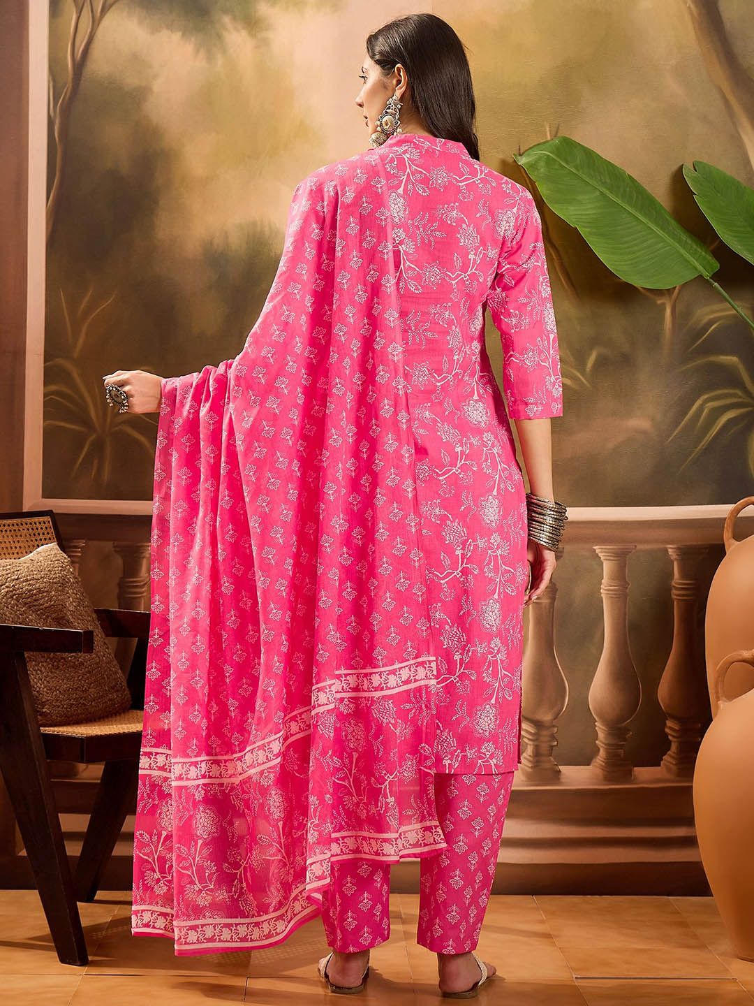 Dhiyona SN Women's Floral Printed Mandarin Collar Pure Cotton Straight Kurta With Trouser And Dupatta