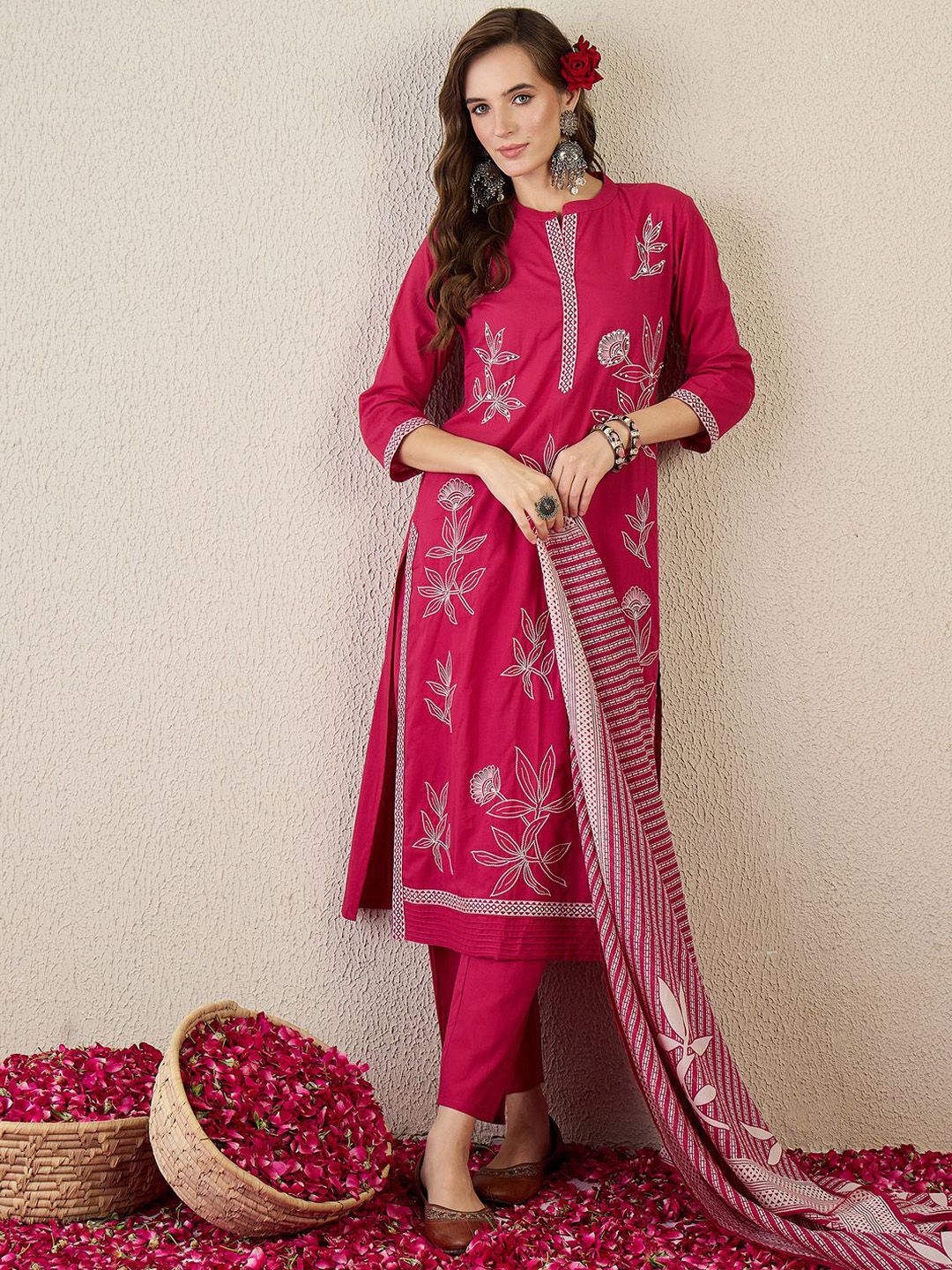 Women Embroidered Beads and Stones Pure Cotton Kurta with Trousers & Dupatta
