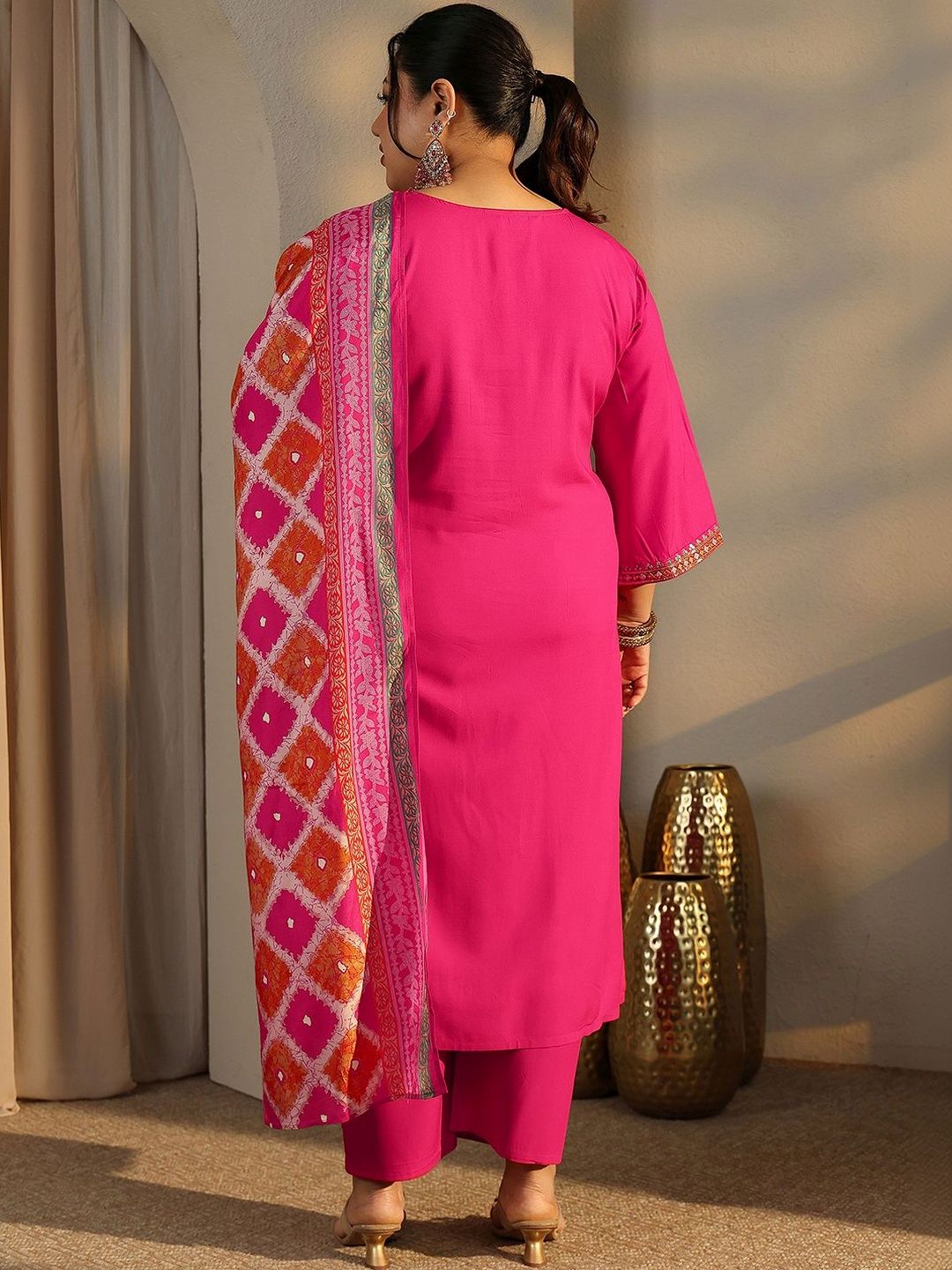 Dhiyona Women's Plus Size Ethnic Motifs Embroidered Kurta with Palazzo & Dupatta