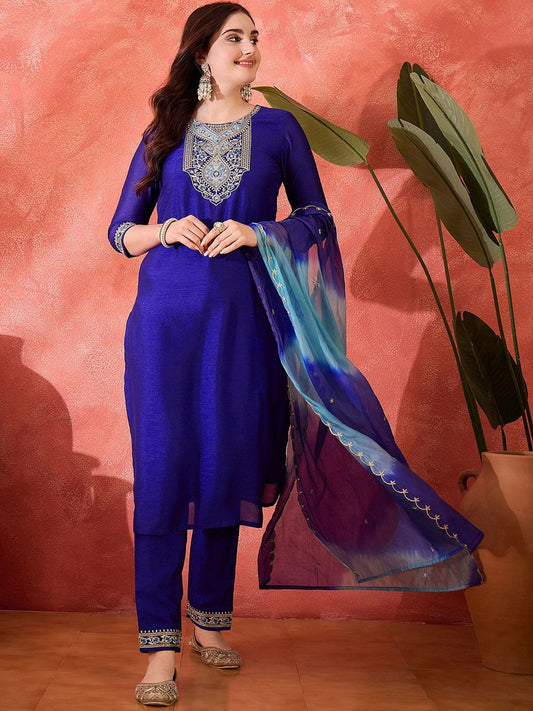 Dhiyona SN Women's Vichitra Zari Sequence Embroidered Straight Kurta & Trousers With Dupatta