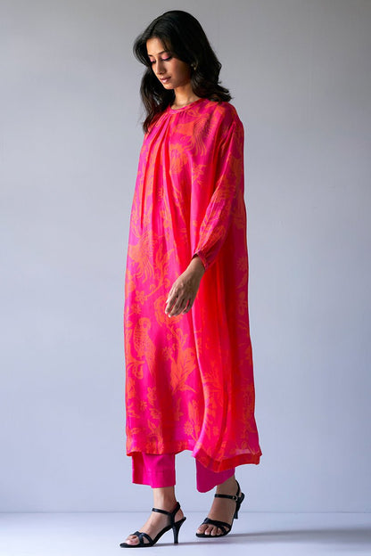 Women's Hot Pink and Orange Bemberg Silk Printed Co-ord Set