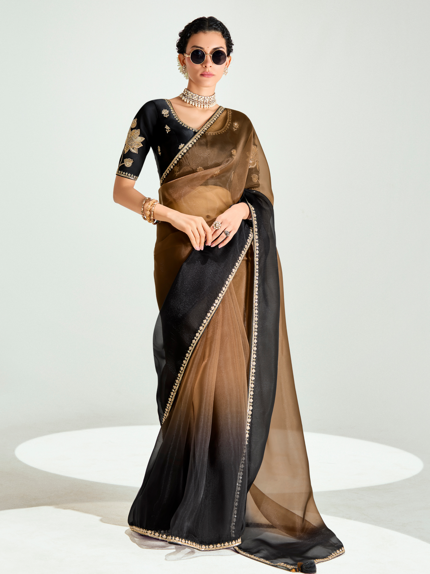 Dhiyona KM Women Black & Brown Shade Organza Saree