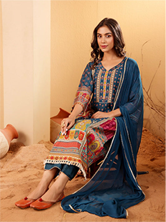 Dhiyona VA Women'sEthnic Motifs Printed Sequnnied Chanderi Silk Kurta With Trousers And Dupatta