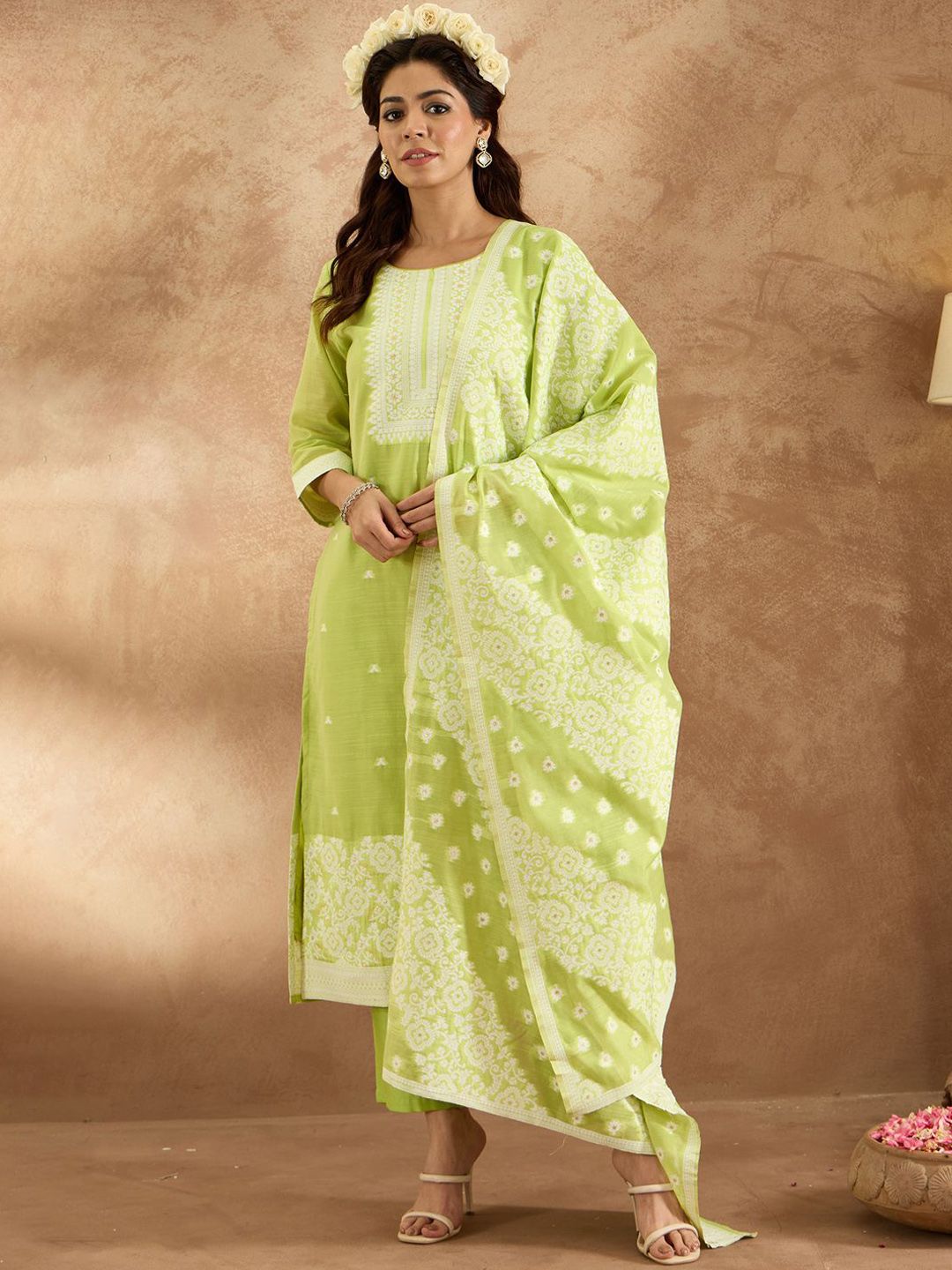 Dhiyona IE Women Woven Design Ethnic Motifs Regular Kurta with Trousers & With Dupatta
