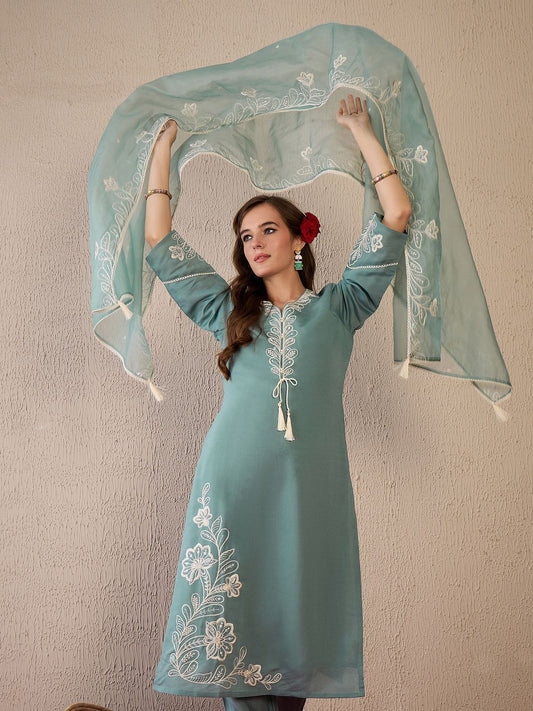Dhiyona IE Women Floral Embroidered Regular Thread Work Kurta with Trousers & With Dupatta