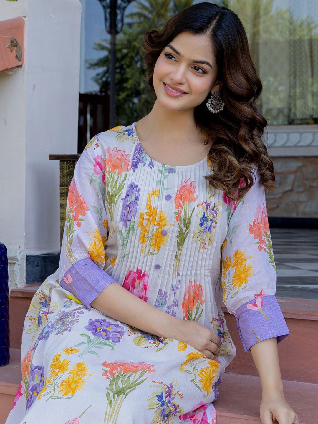 Dhiyona IE Floral Printed A-Line Pure Cotton Kurta With Trousers