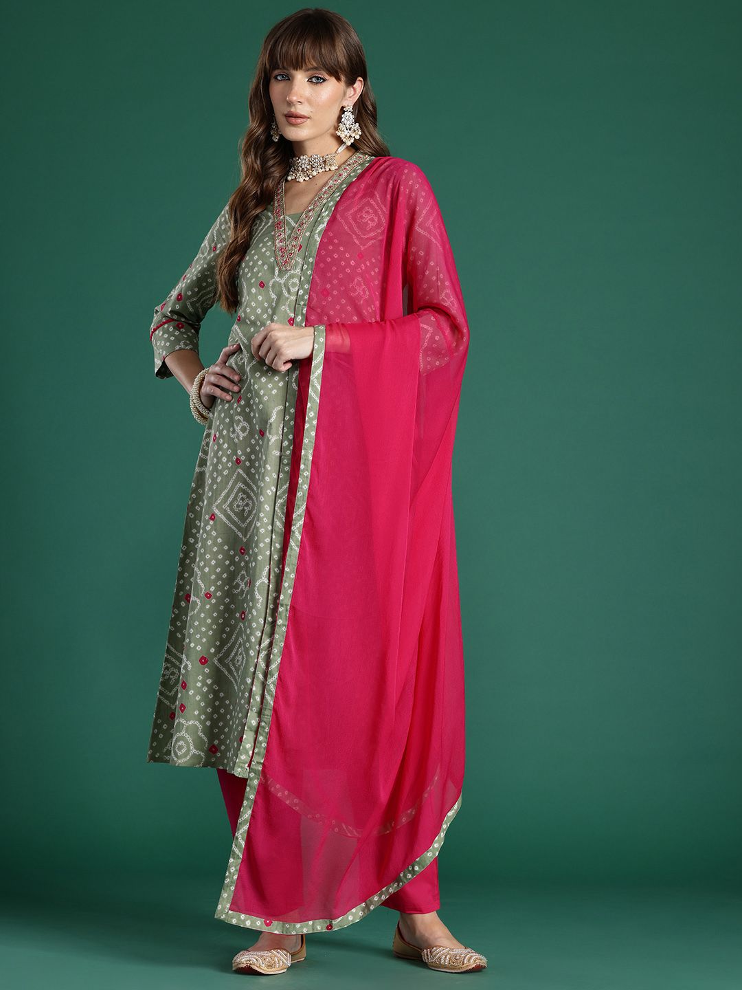 Bandhani Printed Thread Work Pure Cotton Kurta with Trousers & With Dupatta