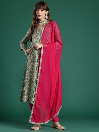 Bandhani Printed Thread Work Pure Cotton Kurta with Trousers & With Dupatta