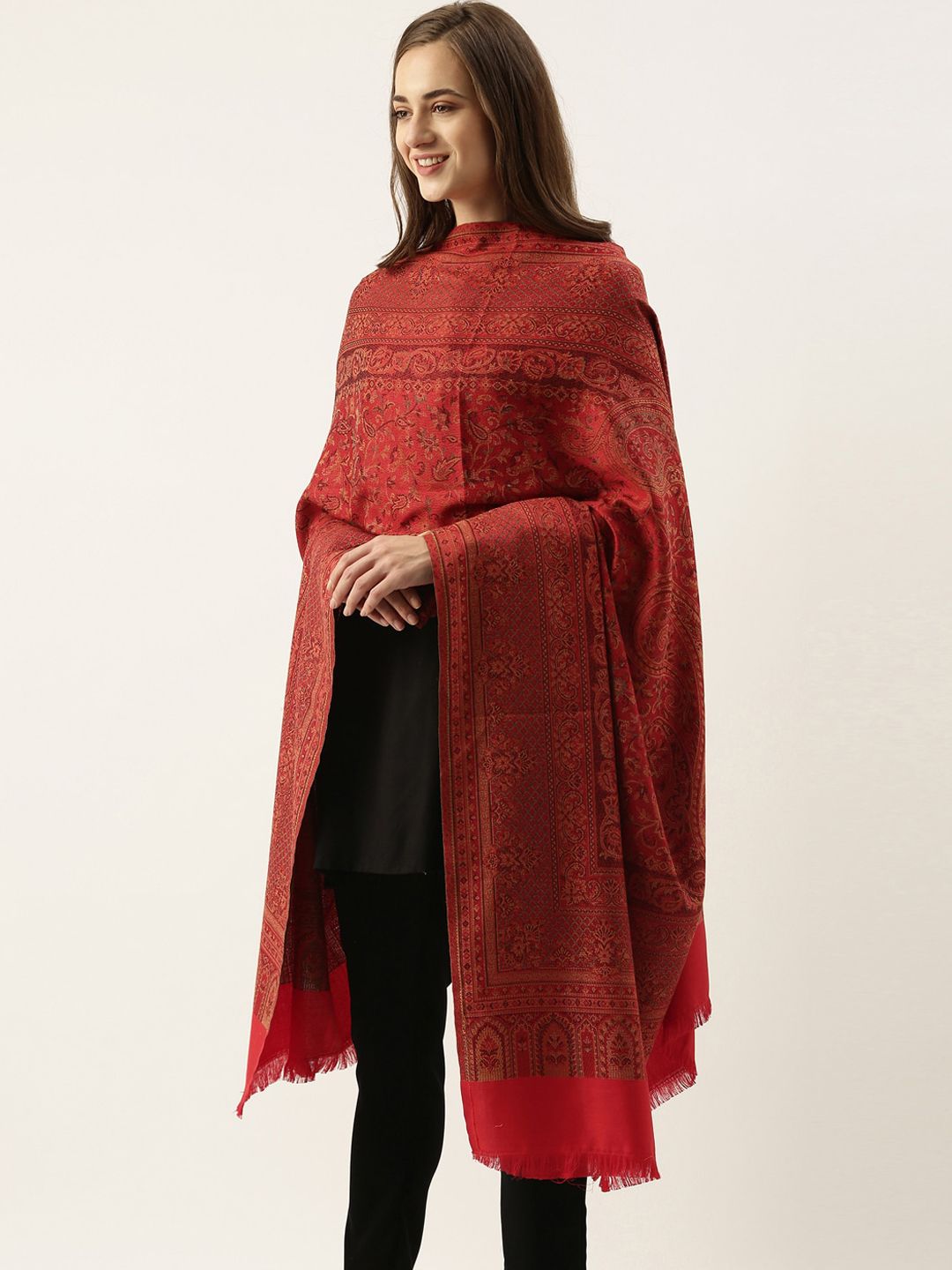Dhiyona PA Women Maroon Woven Design Jamawar Shawl