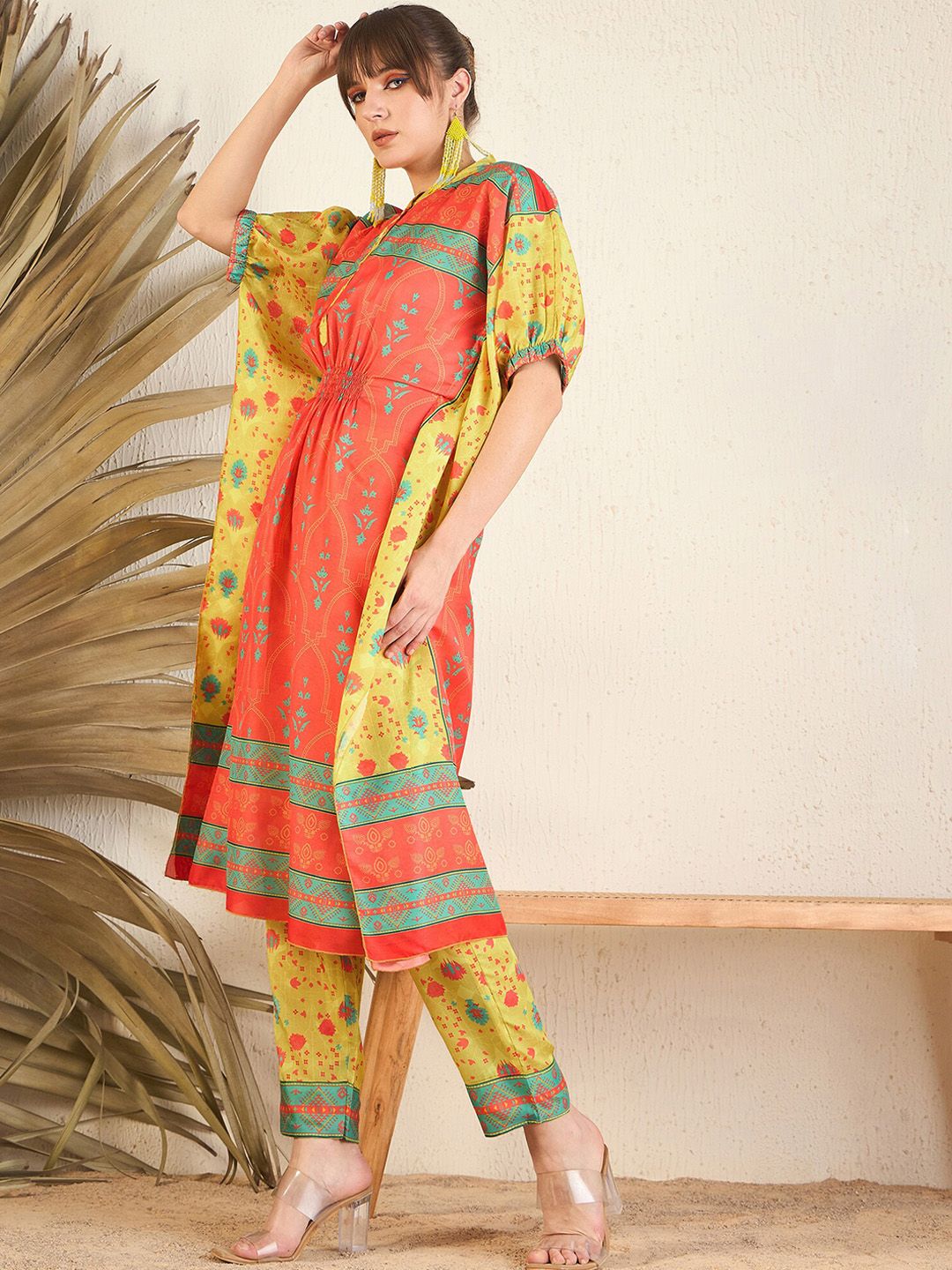 Dhiyona IE Orange Floral Printed Flared Kaftan Kurta with Trouser