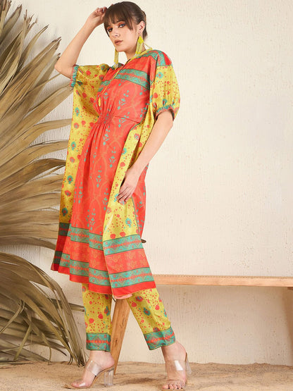 Dhiyona IE Orange Floral Printed Flared Kaftan Kurta with Trouser
