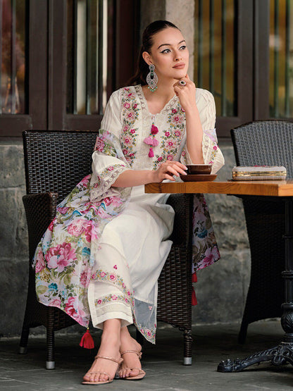 Dhiyona IE Floral Embroidered Thread Work A-Line Kurta With Trousers & Dupatta