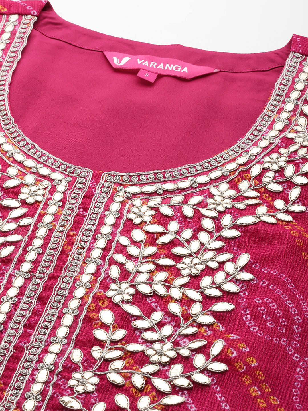 Dhiyona VA Women's Fuchsia Bandhani Printed Regular Gotta Patti Kurta with Trousers & With Dupatta