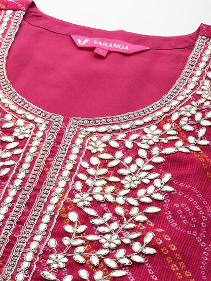Dhiyona VA Women's Fuchsia Bandhani Printed Regular Gotta Patti Kurta with Trousers & With Dupatta