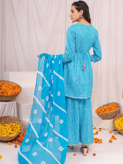 Dhiyona IS Women's Leheriya A-line Side Tie-Up Cotton Kurta with Sharara and Tie and Dye Dupatta