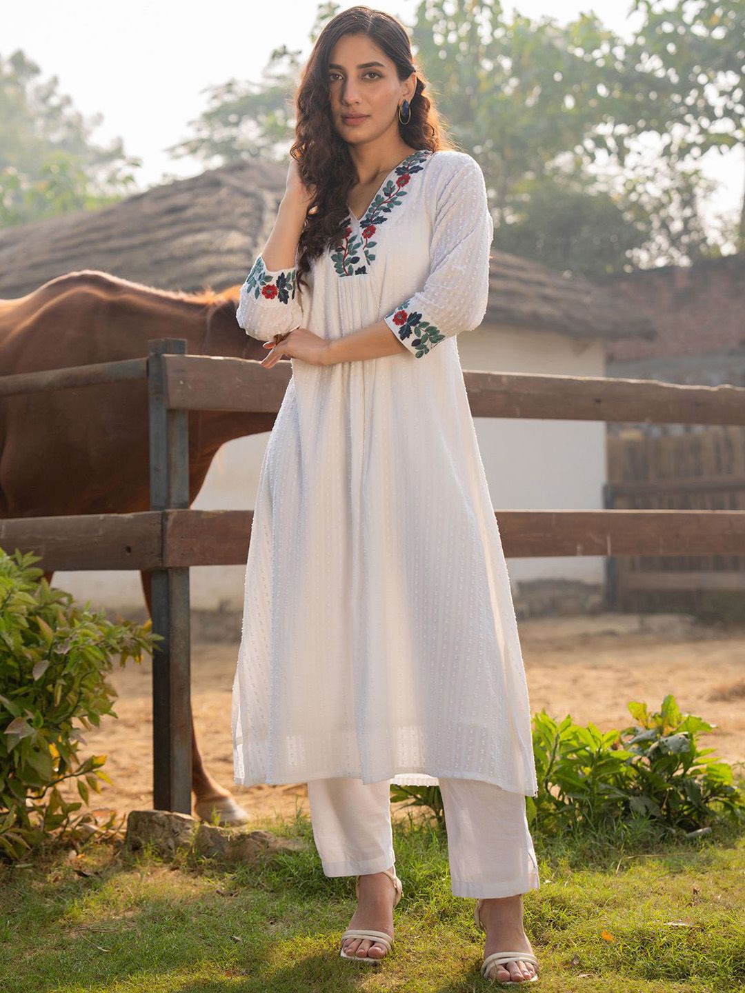 Dhiyona IE Floral Embroidered V-Neck A-Line Pure Cotton Kurta WIth Trousers