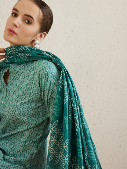 Dhiyona IE Chevron Printed Mandarin Collar Pure Cotton Kurta with Trousers & With Dupatta