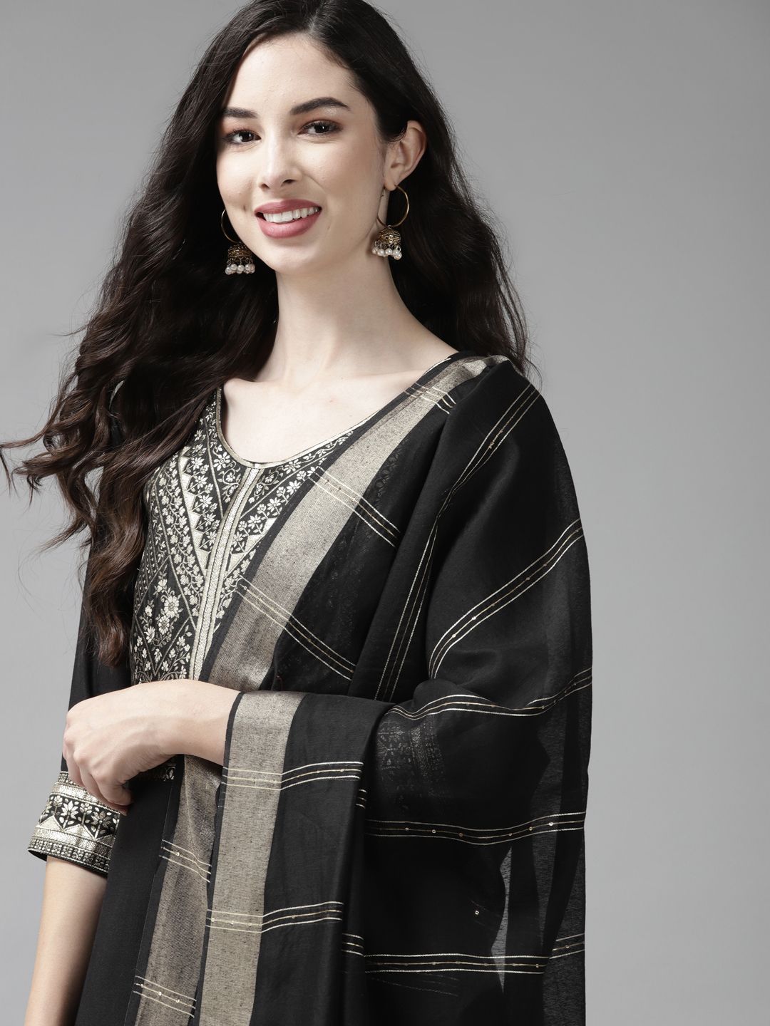 Dhiyona IE Women Black Yoke Design Regular Kurta with Palazzos & Dupatta