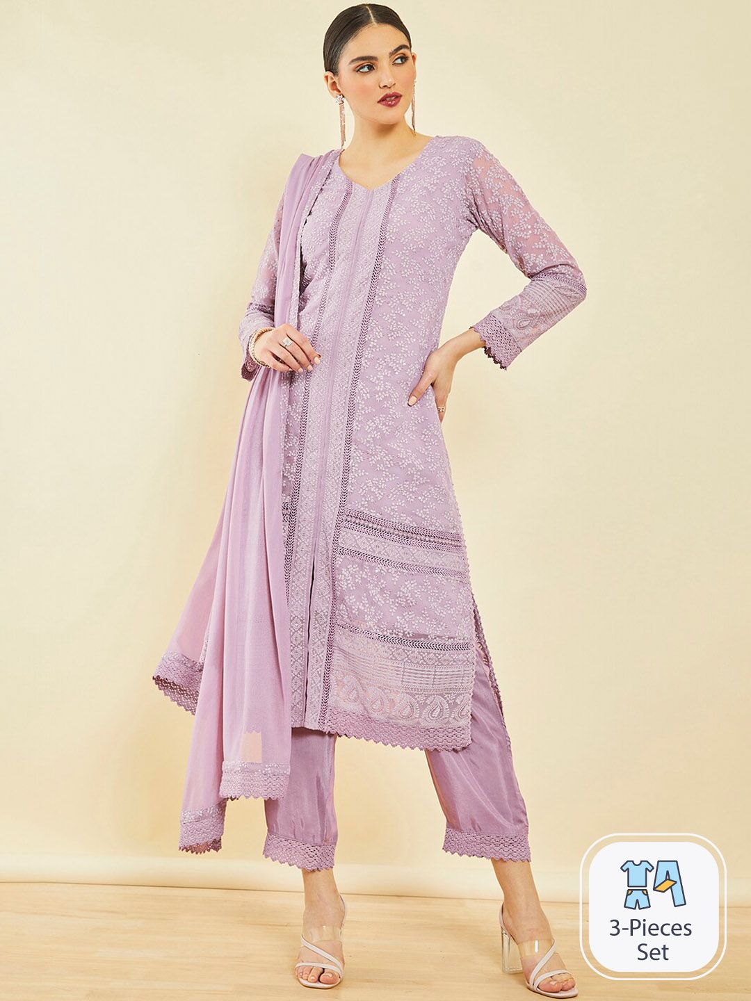 Dhiyona SO Women's Floral Embroidered Regular Thread Work Kurta with Trousers & With Dupatta