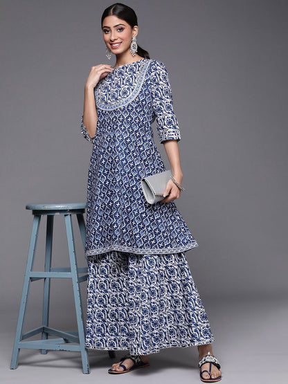 Dhiyona VA Women's Blue Floral Printed Gotta Patti Pure Cotton Kurta with Sharara