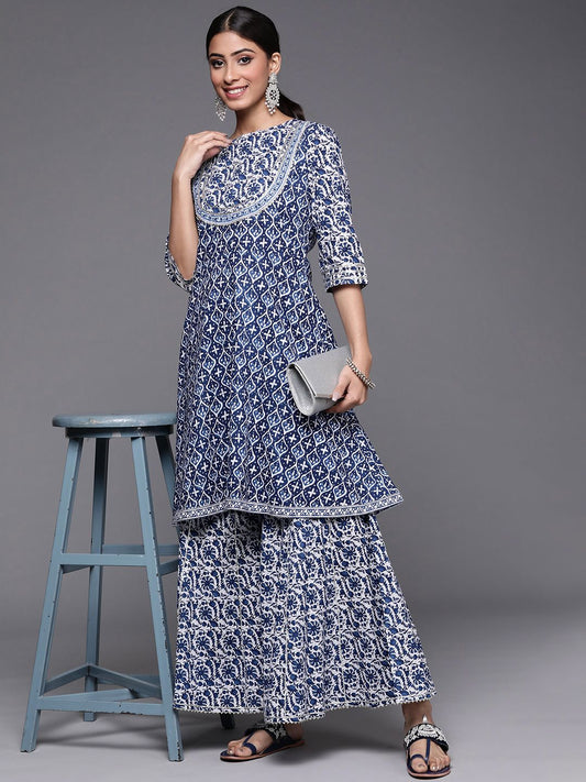 Dhiyona VA Women's Blue Floral Printed Gotta Patti Pure Cotton Kurta with Sharara