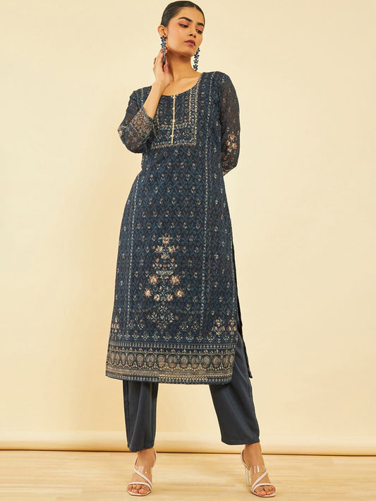 Dhiyona SO Women's Floral Printed Regular Thread Work Kurta with Trousers
