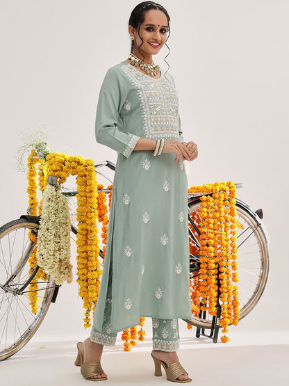 Dhiyona VA Women'sSea Green Floral Embroidered Thread Work Straight Kurta With Trousers & Dupatta
