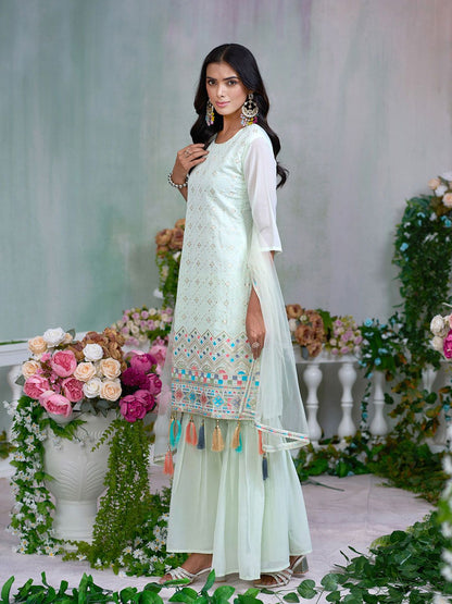 Dhiyona CH Floral Embroidered Sequinned Georgette Straight Kurta With Sharara & Dupatta
