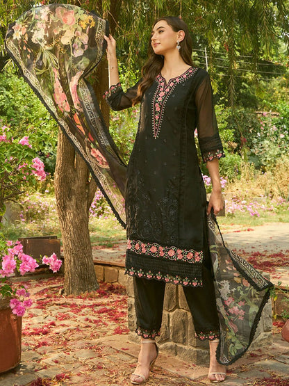 Dhiyona IE Floral Embroidered Organza Straight Kurta With Trousers & Dupatta