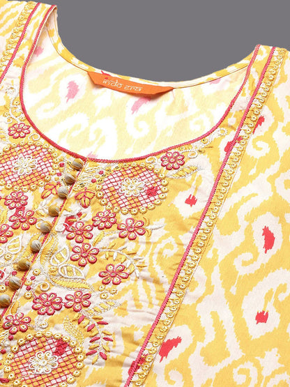 Yellow Paisley Embroidered Round Neck Straight Kurta with Trousers