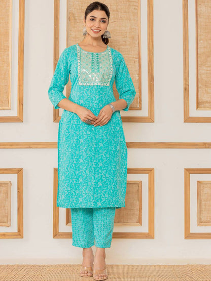 Dhiyona VA Women's Floral Printed Regular Thread Work Kurta with Trousers & With Dupatta